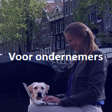 Knop naar pagina voor ondernemers met jurist die overeenkomsten opstelt op laptop in Amsterdam met Labrador ernaast